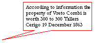 Rectangular Callout: According to information the property of Vreto Combi is worth 300 to 500 Tallers
Cerigo 19 December 1863
