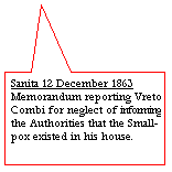 Rectangular Callout: Sanita 12 December 1863
Memorandum reporting Vreto Combi for neglect of informing the Authorities that the Small-pox existed in his house.
