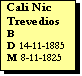 Text Box: Cali Nic Trevedios
B 
D 14-11-1885
M 8-11-1825
