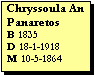 Text Box: Chryssoula An Panaretos
B 1835
D 18-1-1918
M 10-5-1864
