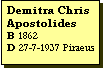 Text Box: Demitra Chris Apostolides
B 1862
D 27-7-1937 Piraeus
