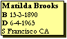 Text Box: Matilda Brooks
B 15-3-1890
D 6-4-1965 
S Francisco CA
