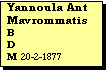 Text Box: Yannoula Ant Mavrommatis
B 
D
M 20-2-1877 
