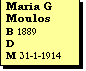Text Box: Maria G Moulos
B 1889
D
M 31-1-1914 

