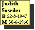 Text Box: Judith Sowder 
B 22-5-1947
M 30-6-1966
