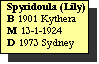Text Box: Spyridoula (Lily)
B 1901 Kythera
M 13-1-1924
D 1973 Sydney
