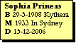 Text Box: Sophia Prineas
B 29-5-1908 Kythera
M 1933 In Sydney
D 15-12-2006
